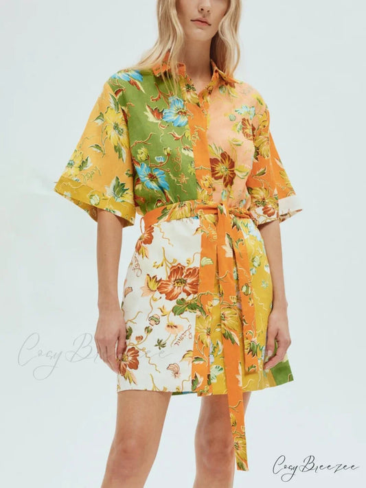 Unique contrasting floral Charming print mini dress Multicolor / S