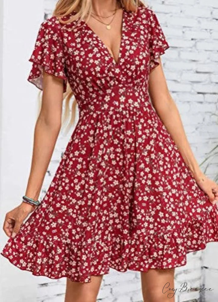 Unique Cross Wrap Casual Midi Sun Dress M / Burgundy