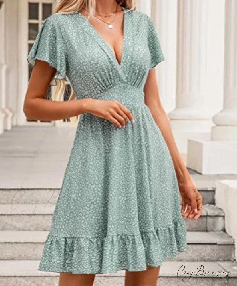 Unique Cross Wrap Casual Midi Sun Dress M / Green