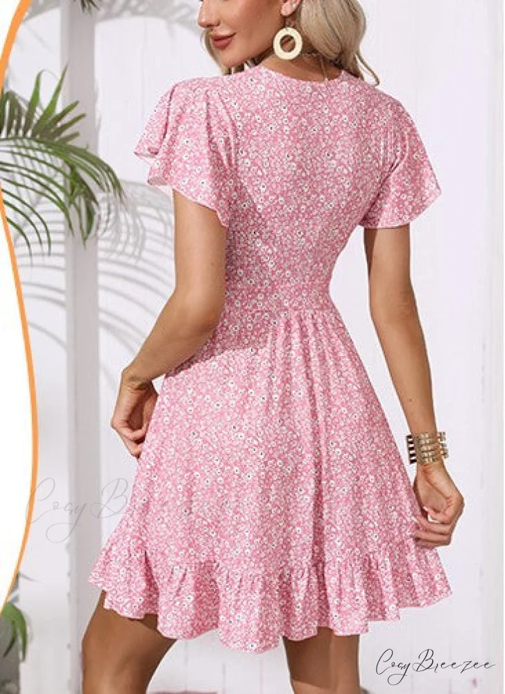 Unique Cross Wrap Casual Midi Sun Dress M / Pink