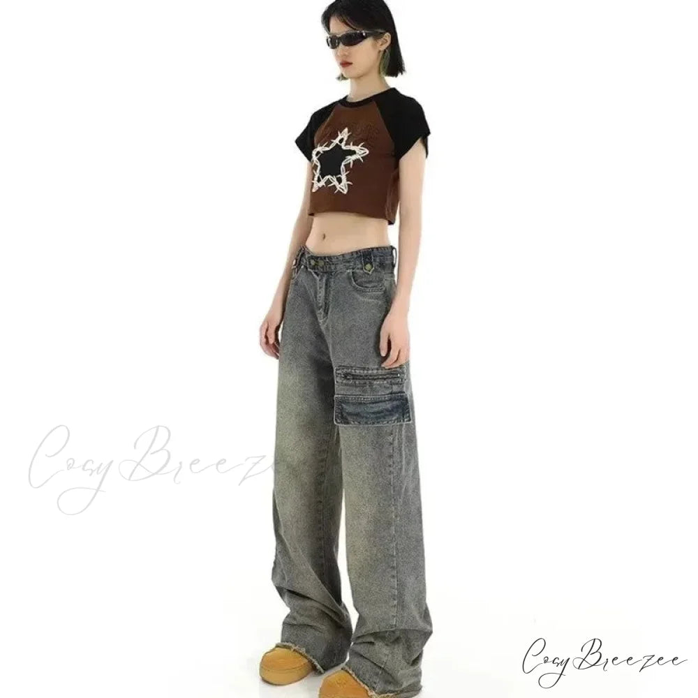 Unique Design Straight Pocket Floor Long Retro High Waisted Workwear Summer Women’s Jean
