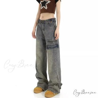 Unique Design Straight Pocket Floor Long Retro High Waisted Workwear Summer Women’s Jean