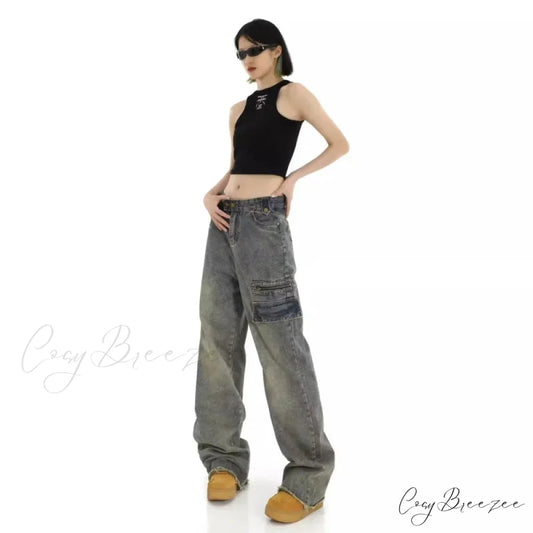 Unique Design Straight Pocket Floor Long Retro High Waisted Workwear Summer Women’s Jean
