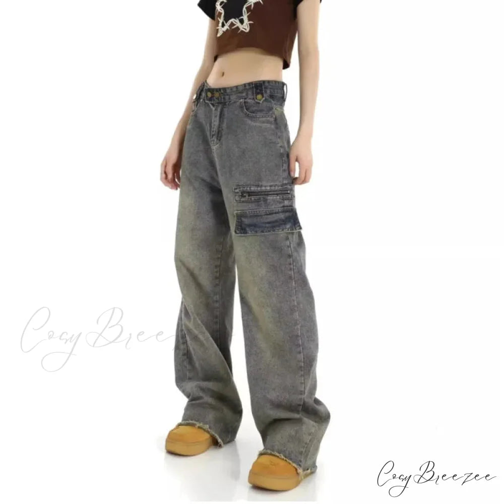 Unique Design Straight Pocket Floor Long Retro High Waisted Workwear Summer Women’s Jean