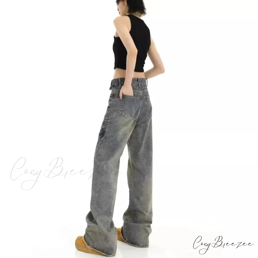 Unique Design Straight Pocket Floor Long Retro High Waisted Workwear Summer Women’s Jean