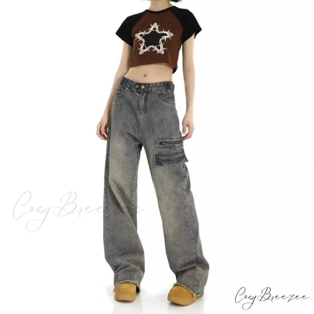 Unique Design Straight Pocket Floor Long Retro High Waisted Workwear Summer Women’s Jean light gray / S