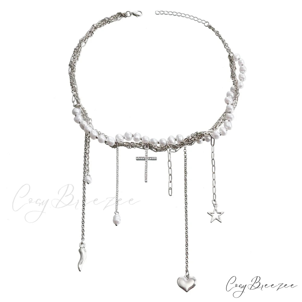 Unique Faux Pearl Star Tassel Necklace WHITE