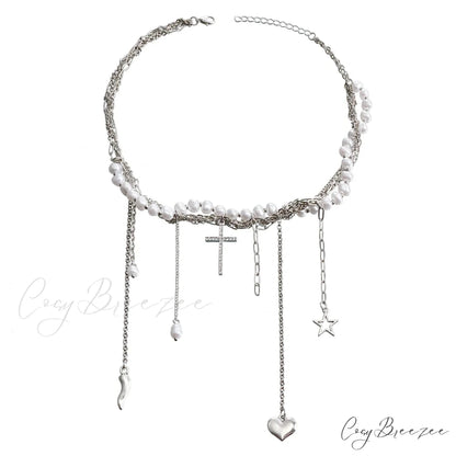 Unique Faux Pearl Star Tassel Necklace WHITE