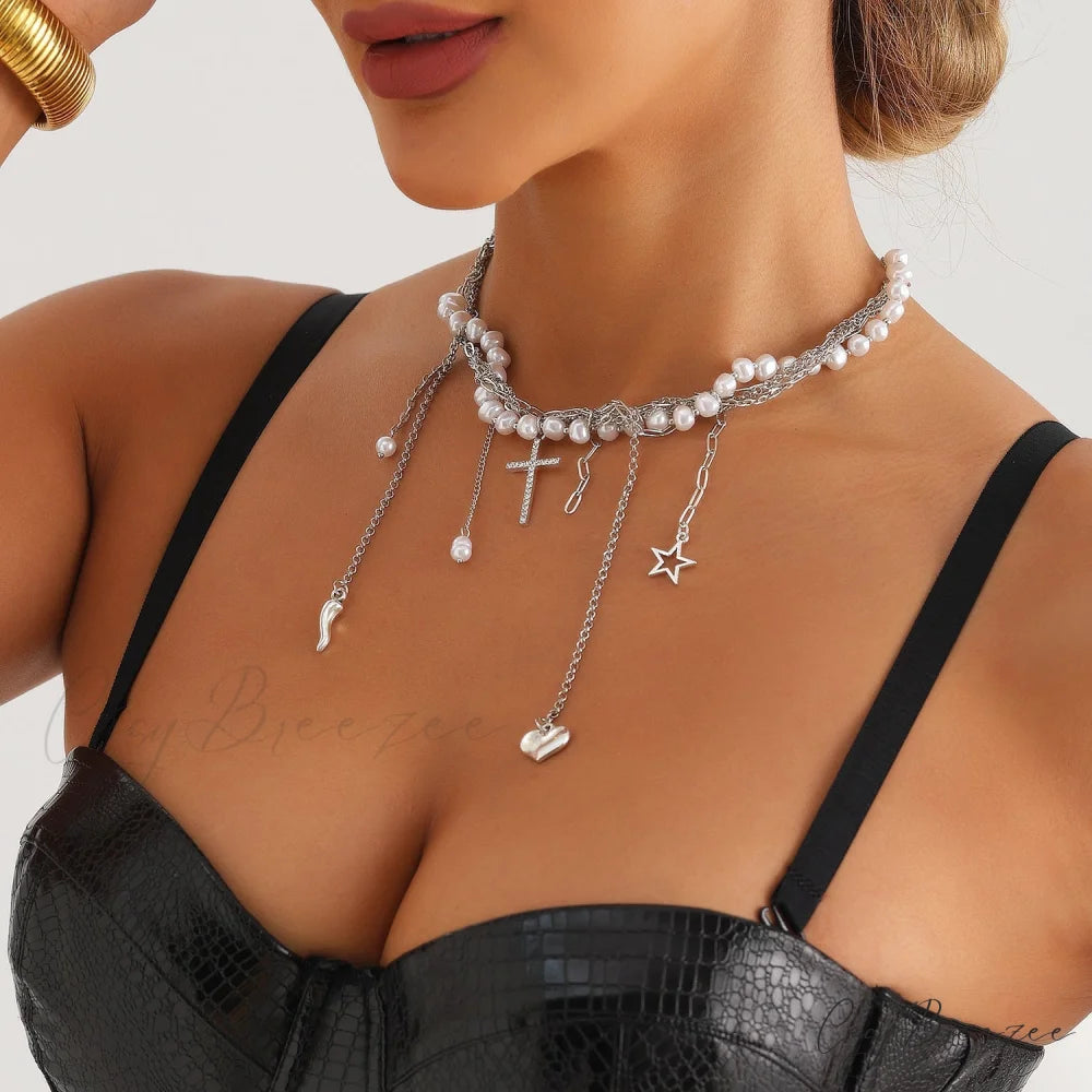 Unique Faux Pearl Star Tassel Necklace WHITE
