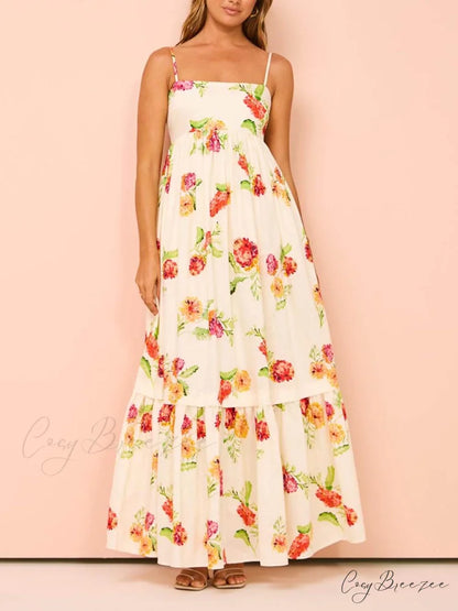 Unique Floral Print Halter Graceful Backless Extra Maxi Dress