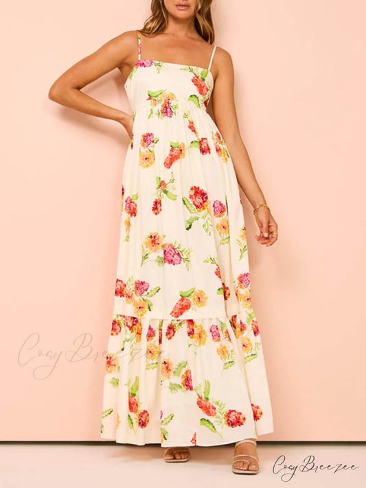 Unique Floral Print Halter Graceful Backless Extra Maxi Dress Beige / S