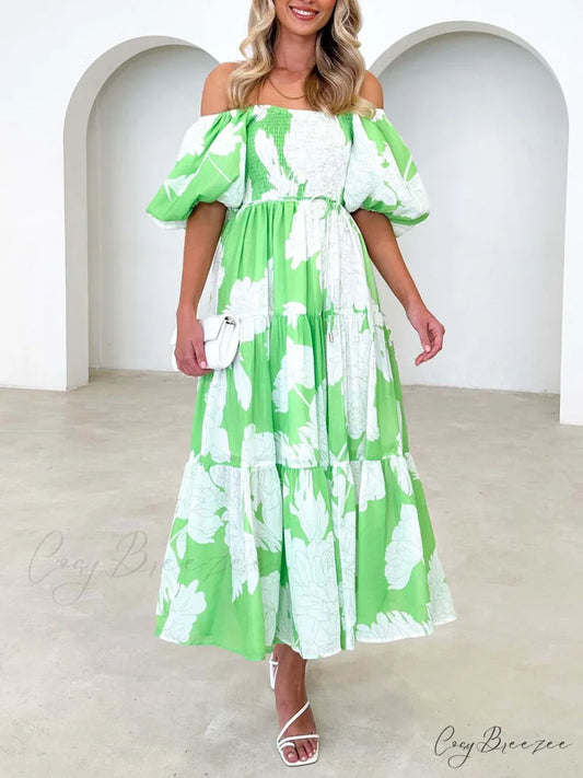 Unique Floral Print Patchwork Graceful Up Pleated Maxi Dress Green / S