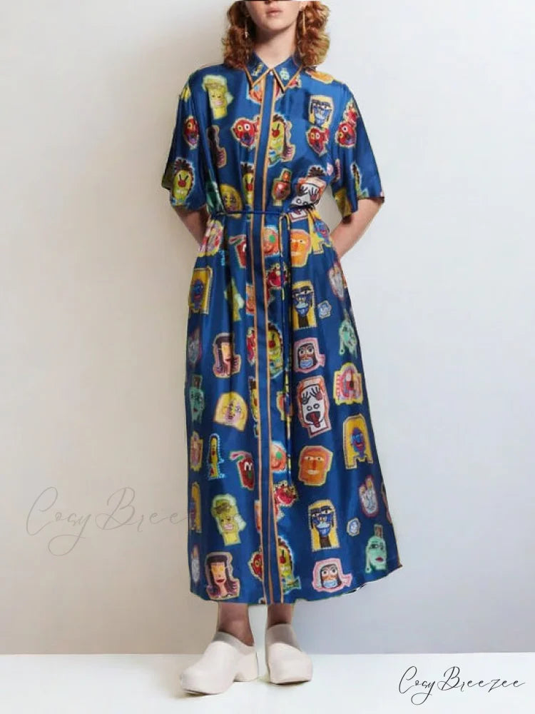 Unique Graffiti Fun Charming Print Midi Dress Royal blue / S