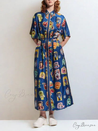 Unique Graffiti Fun Charming Print Midi Dress Royal blue / S