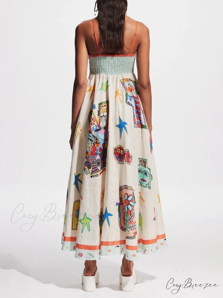 Unique Graffiti Print Suspenders Graceful Long Swing Midi Dress