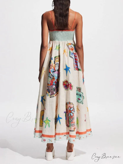Unique Graffiti Print Suspenders Graceful Long Swing Midi Dress
