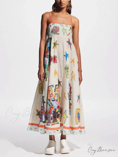 Unique Graffiti Print Suspenders Graceful Long Swing Midi Dress