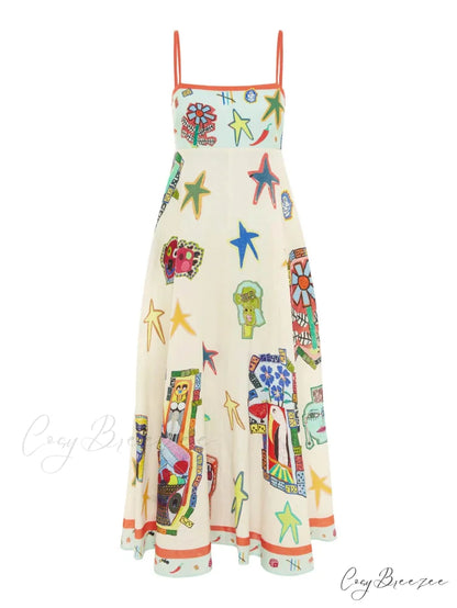 Unique Graffiti Print Suspenders Graceful Long Swing Midi Dress
