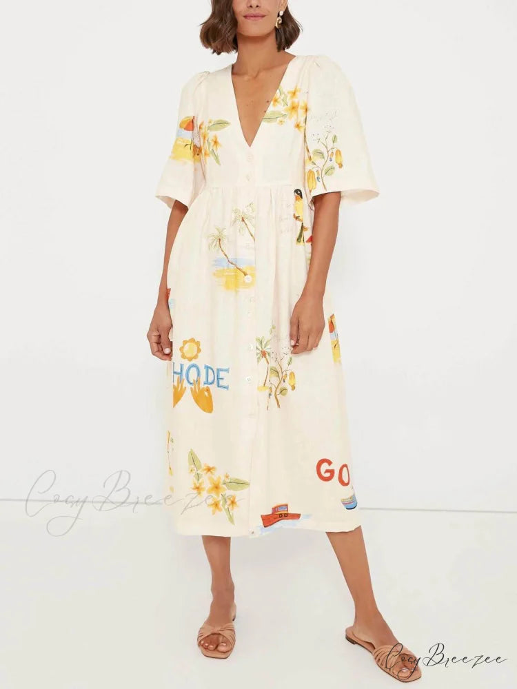 Unique Holiday Folk Floral Graceful Print Puff Sleeve Midi Dress