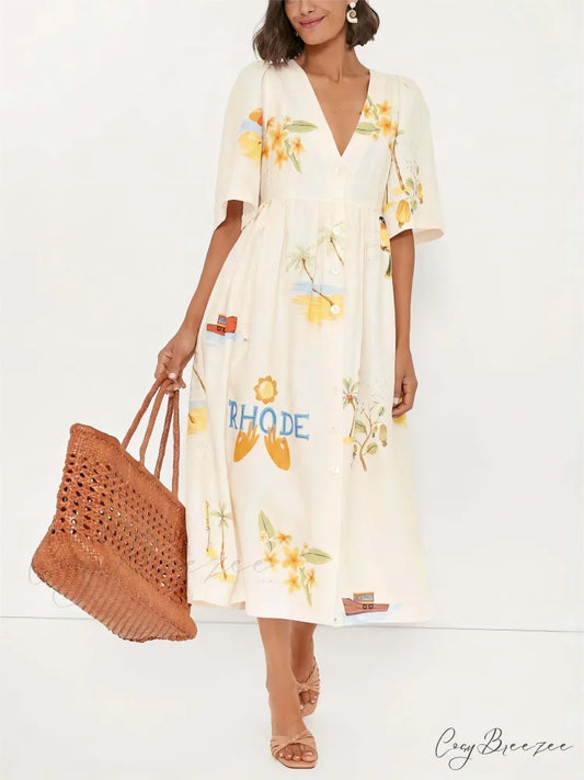 Unique Holiday Folk Floral Graceful Print Puff Sleeve Midi Dress Multi-Color / S