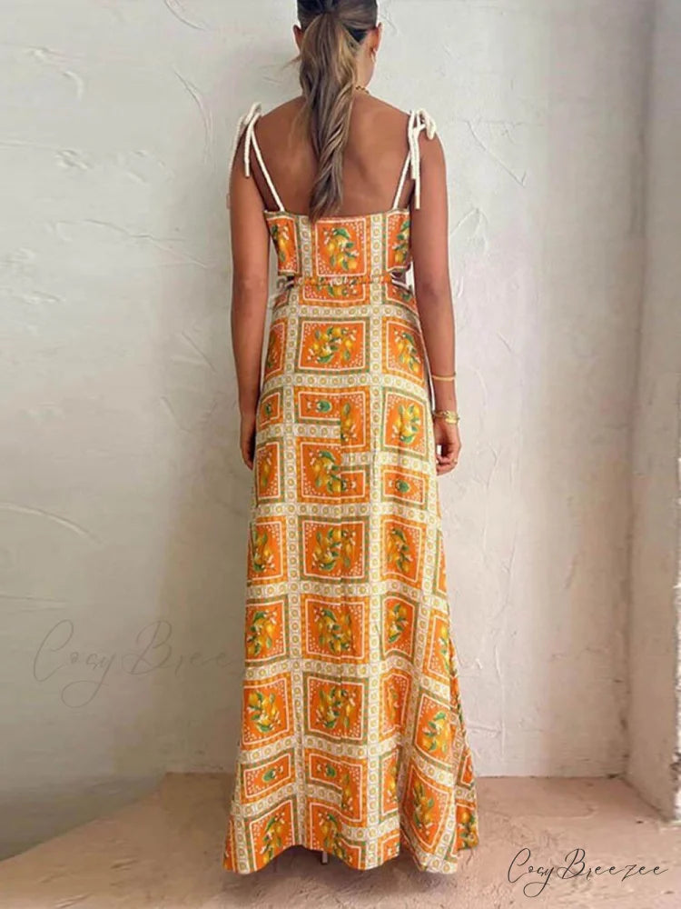 Unique Lemon Stylish Print Strappy Dress