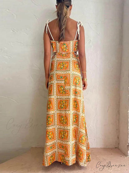 Unique Lemon Stylish Print Strappy Dress