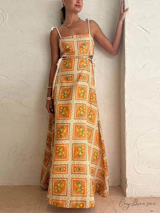 Unique Lemon Stylish Print Strappy Dress Yellow / S