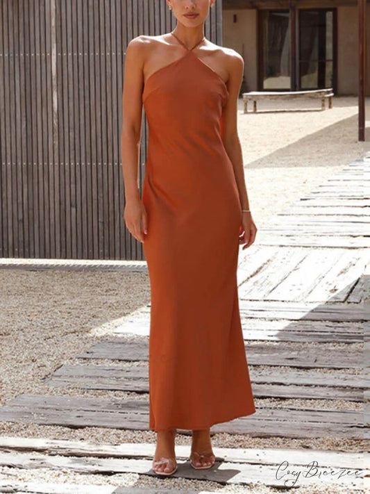 Unique Neckless Stylish Backless Maxi Dresses Brown / S