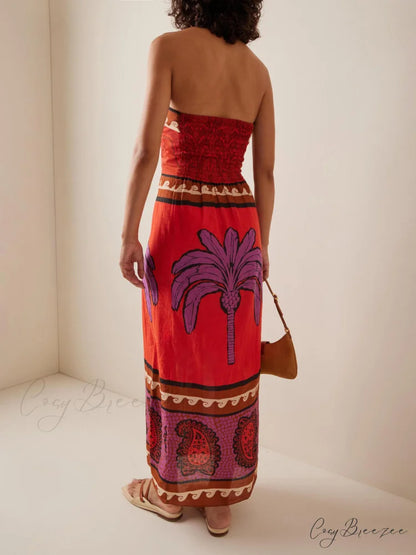 Unique Palm Tree Charming Floral Off-Shoulder Midi Dress