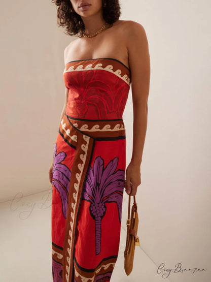 Unique Palm Tree Charming Floral Off-Shoulder Midi Dress