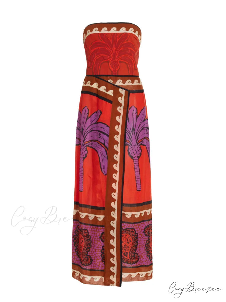 Unique Palm Tree Charming Floral Off-Shoulder Midi Dress