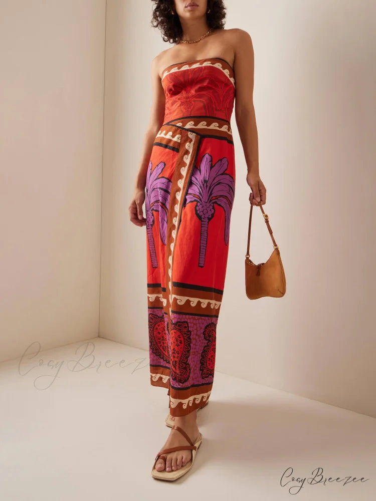 Unique Palm Tree Charming Floral Off-Shoulder Midi Dress Multi-Color / S