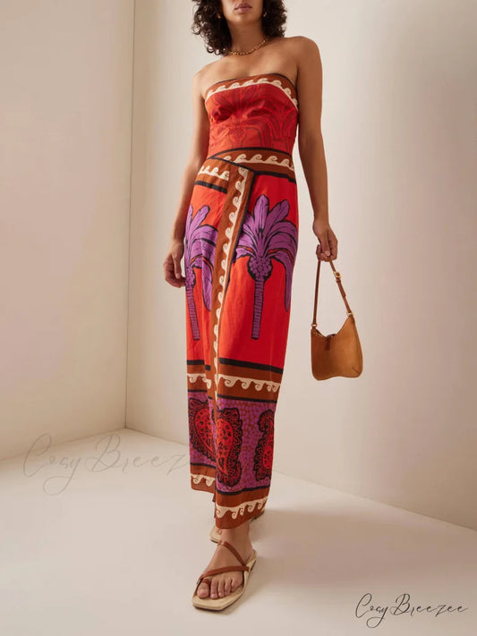 Unique Palm Tree Charming Floral Off-Shoulder Midi Dress Multi-Color / S