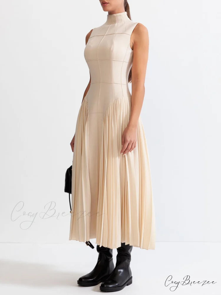 Unique Pleated Paneled Charming Sleeveless Midi Dress
