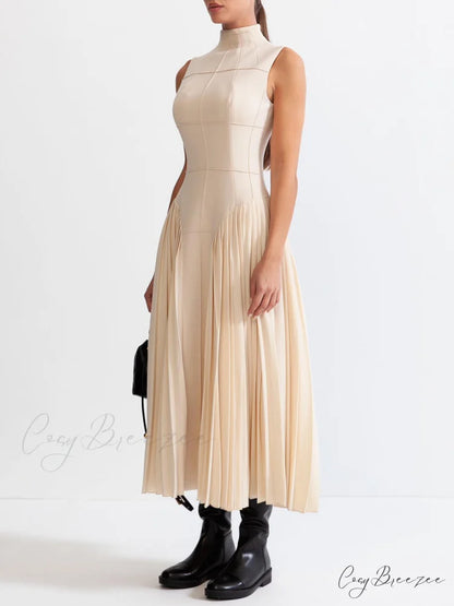 Unique Pleated Paneled Charming Sleeveless Midi Dress