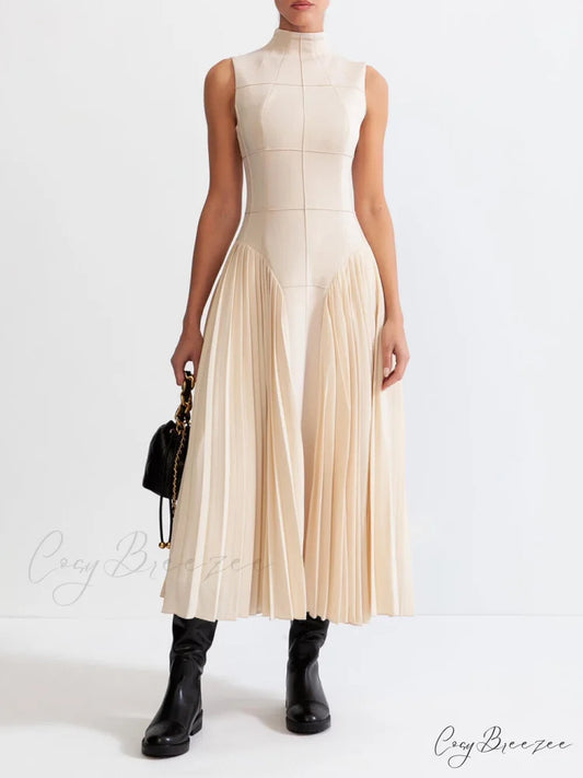 Unique Pleated Paneled Charming Sleeveless Midi Dress Nude / S