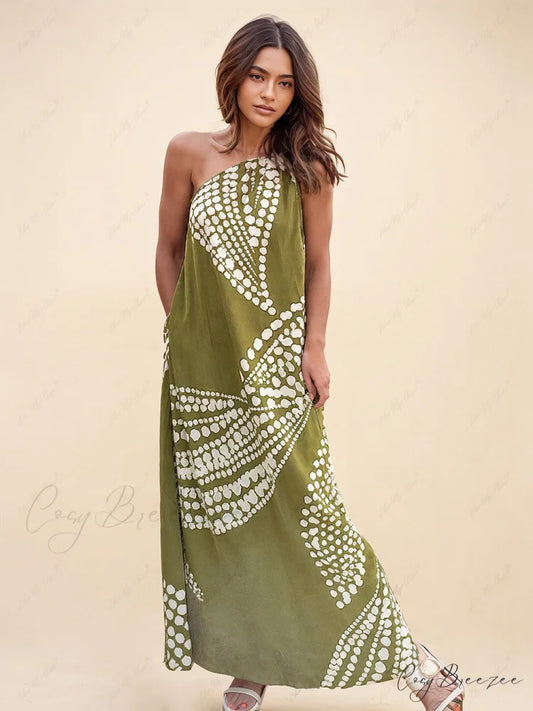 Unique Polka Dot Print Graceful One Shoulder Pocketed Maxi Dress Green / S
