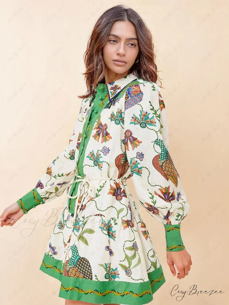 Unique Print Color Match Graceful Balloon Sleeve Shirt Mini Dress
