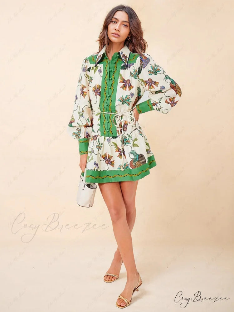 Unique Print Color Match Graceful Balloon Sleeve Shirt Mini Dress