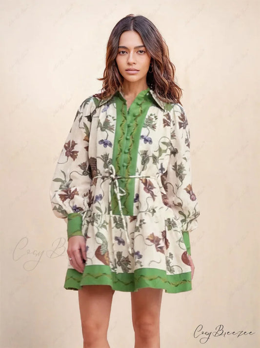 Unique Print Color Match Graceful Balloon Sleeve Shirt Mini Dress Green / S