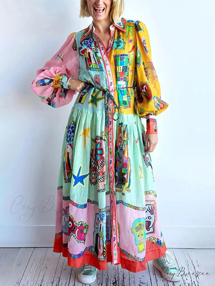 Unique Print Colorblock Balloon Graceful Sleeve Belt Shirt Midi Dress