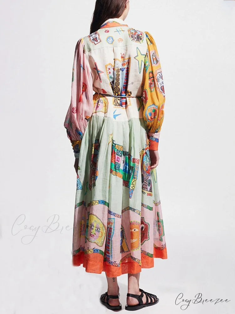 Unique Print Colorblock Balloon Graceful Sleeve Belt Shirt Midi Dress