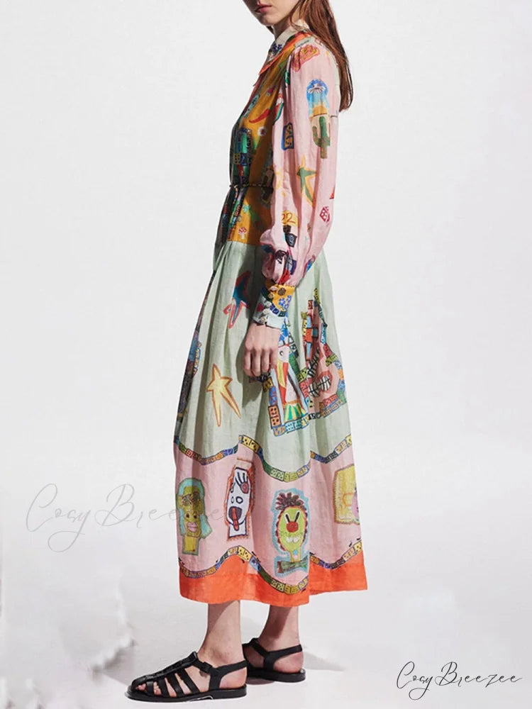 Unique Print Colorblock Balloon Graceful Sleeve Belt Shirt Midi Dress