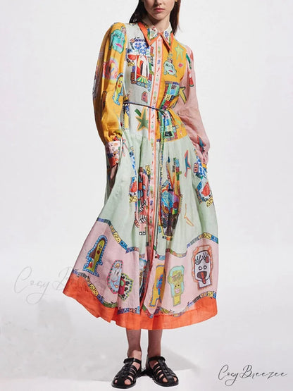 Unique Print Colorblock Balloon Graceful Sleeve Belt Shirt Midi Dress Multicolor / S