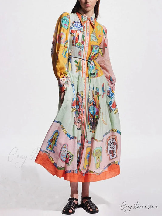 Unique Print Colorblock Balloon Graceful Sleeve Belt Shirt Midi Dress Multicolor / S
