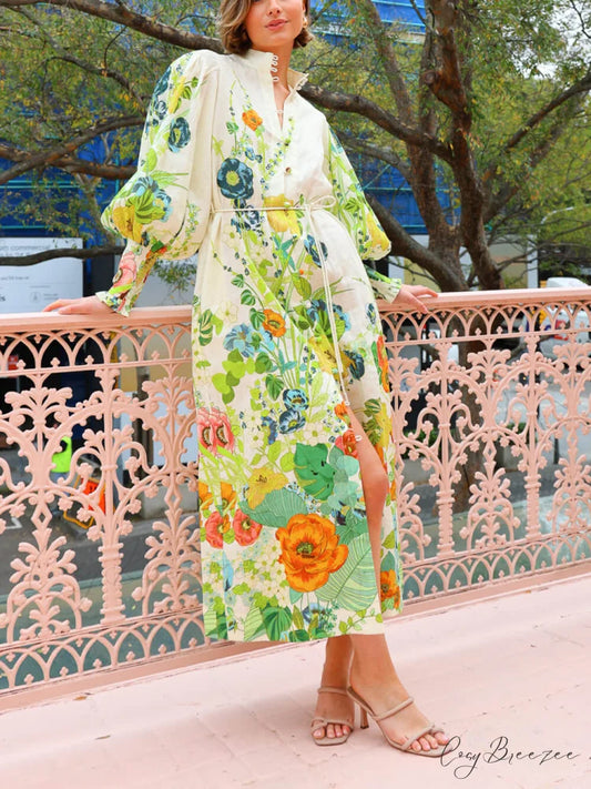 Unique Print Lantern Sleeve Graceful Cream Cardigan Style Shirt Dress Multicolor / S