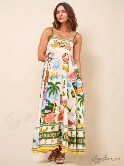 Unique Print Smocked Charming Back Pocket Maxi Dress Multicolor / S