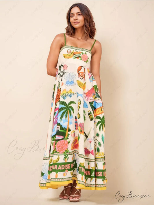 Unique Print Smocked Charming Back Pocket Maxi Dress Multicolor / S