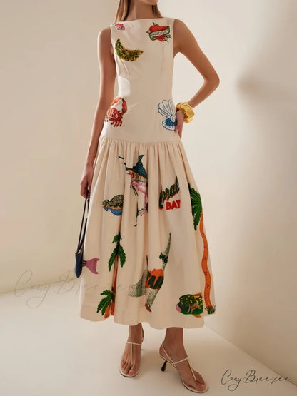 Unique Print Stylish Ocean Midi Dress Apricot / S
