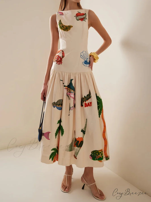 Unique Print Stylish Ocean Midi Dress Apricot / S
